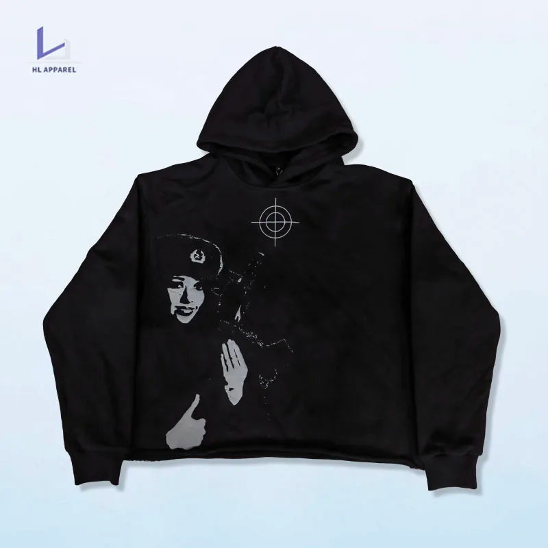 HL oem wholesale heavy cotton blank black raw hem hoodie manufacturer custom print y2k vintage graphic luxury cropped hoodie men