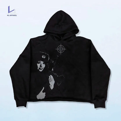 HL OEM Großhandel schwerer Baumwoll-Hoodie mit schwarzem Rohsaum, individuell bedruckter Y2K-Vintage-Grafik-Luxus-Hoodie für Männer 