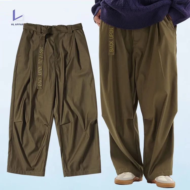 HL manufacturer high quality loose fit blank nylon pants custom embroidery mens polyester wide leg parachute baggy cargo pants