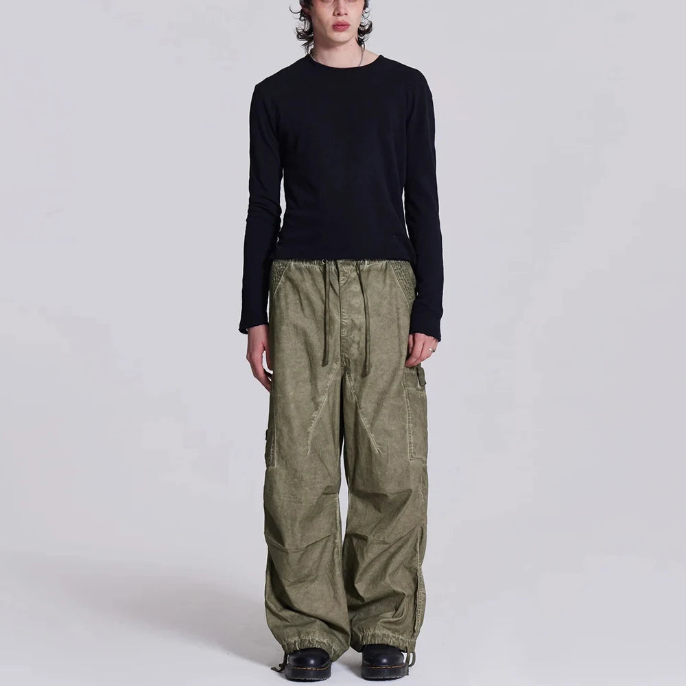 Huilin Manufacturer Oem Vintage Washed Oversized Fit Cargo Pants Men Custom Baggy Wide Leg Parachute Pants