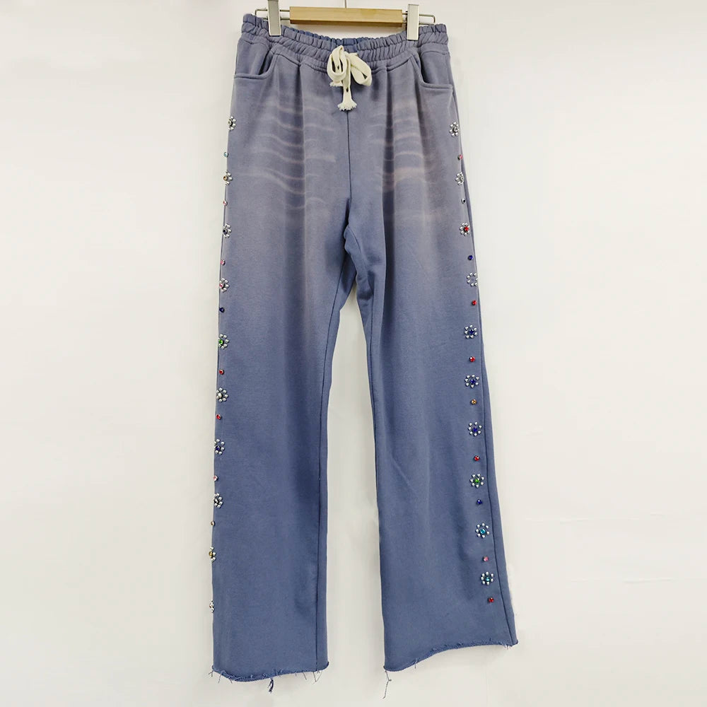 Huilin Factory Oem Vintage Sun Faded Washed Thick Cotton Track Pants Men Custom Raw Hem Bottom Flared Leg Rhinestone Sweatpants