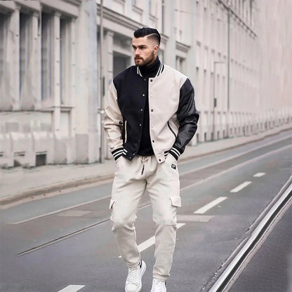 Custom Wholesale Wool Shell Letterman Bomber Jacket White Black Combo Faux Leather Sleeves Colorblock Varsity Men's Jacket