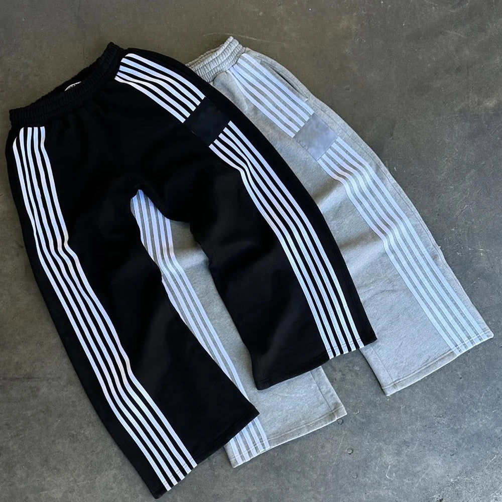 Huilin Oem High Quality Thick Cotton French Terry Track Pants Men Custom Striped Design Wide Leg Sweatpants