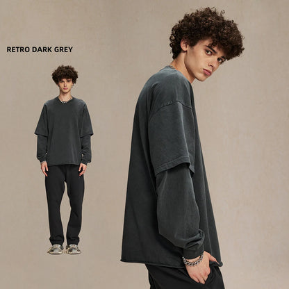 Oem Unisex Vintage Washed Thick Cotton Blank Tshirts Custom Oversized Fit Men Raw Hem Double Layer Long Sleeve T Shirt