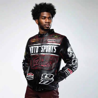 Patch Embroidered Snap-Button Collar Faux leather Bomber Jacket Wholesale Custom Logo PU Moto Sport Racing Jacket