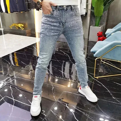 Luxury Fashion Trousers Blue Jeans Raight Leg Skinny Denim Pants Factory Custom Diamond Rhinestones Crystal Jeans Men