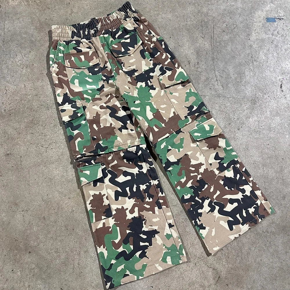 Huilin Factory Oem 100% Cotton Multi Pockets Cargo Pants Men Custom Allover Camo Patten Printed Convertible 2In1Cargo Pants