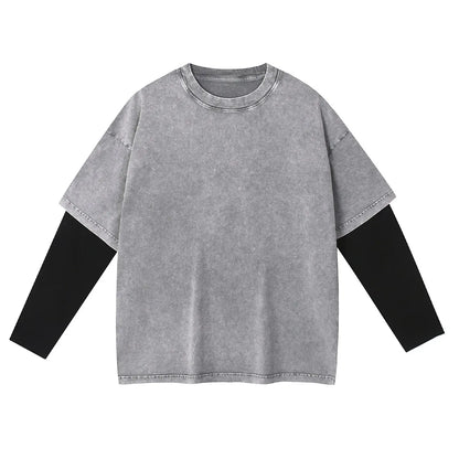 Premium Comfort Manufacturer Supplier Low MOQ Vintage Acid Wash Blank Custom Print Custom Logo Casual Layered Sleeve Tee