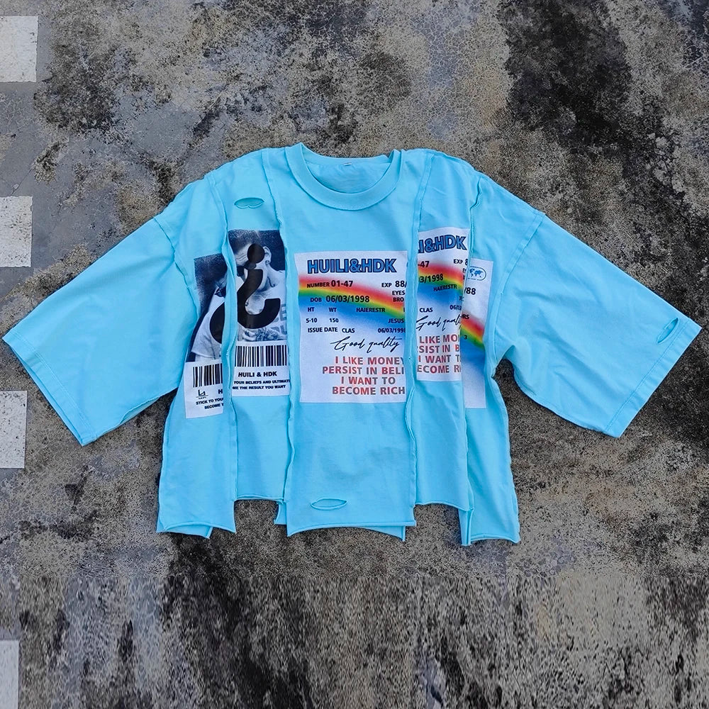 Asymmetrical Raw Hem Unisex Bozy Tshirts Custom Screen Printing Men Heavyweight 100% Cotton Oversized Graphic T Shirt