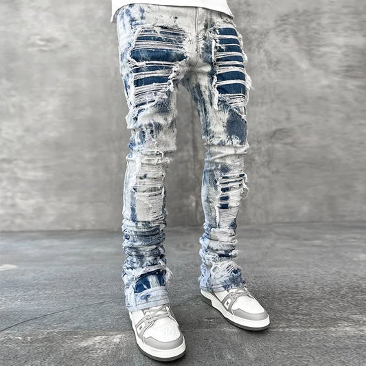 Vintage casual mens denim pants factory wholesale slim fit ripped jeans custom brand logo repair jeans distressed