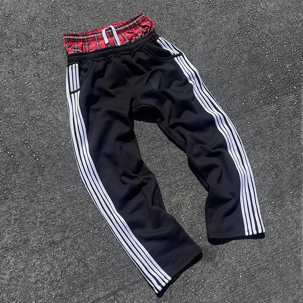 Huilin New Trend Streetwear Heavyweight Cotton Jogger Sweat Pants Custom Striped Side Men Wide Leg Baggy Sweatpants