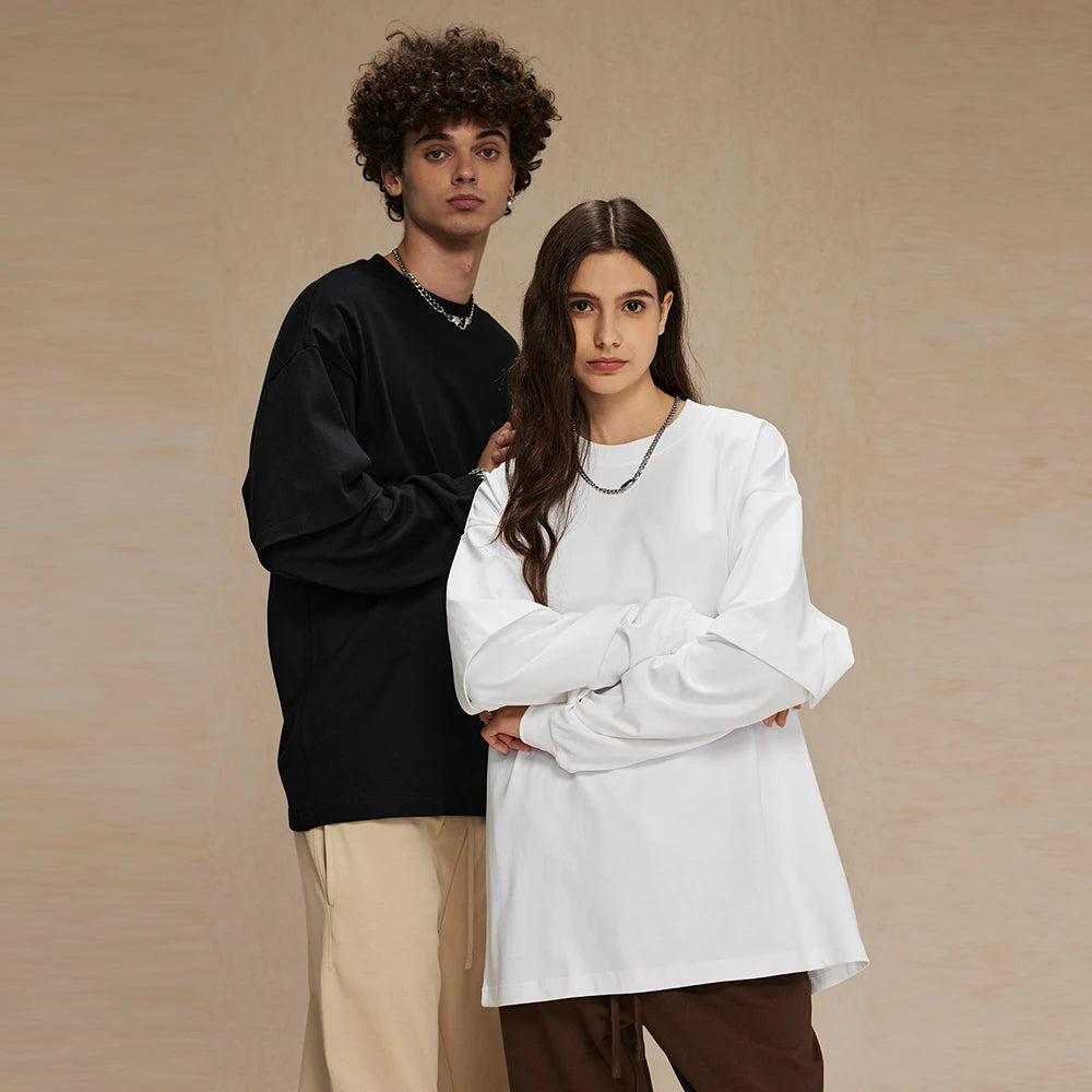 Huili Oem Unisex Loose Fit Oversized Solic Color Basic Tshirts 305Gsm Heavyweight Cotton Men Double Layer Long Sleeve T Shirt