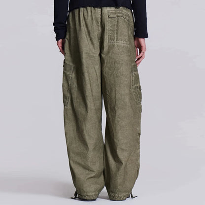 Baggy Wide Leg Cargo Track Pants Men Custom Oil Washed Vintage Grey Oversized Parachute Pants