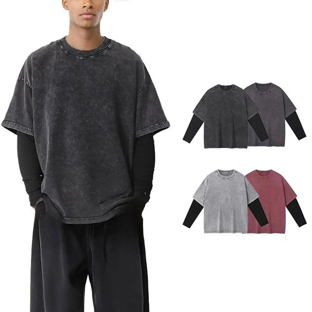 Premium Comfort Manufacturer Supplier Low MOQ Vintage Acid Wash Blank Custom Print Custom Logo Casual Layered Sleeve Tee