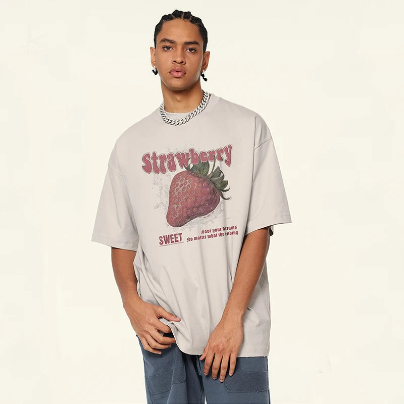 Huili Wholesale Men's Clothing 2024 Spring And Summer Loose Short Sleeve t T-shirt Strawberry Printed Unisex T-shirt