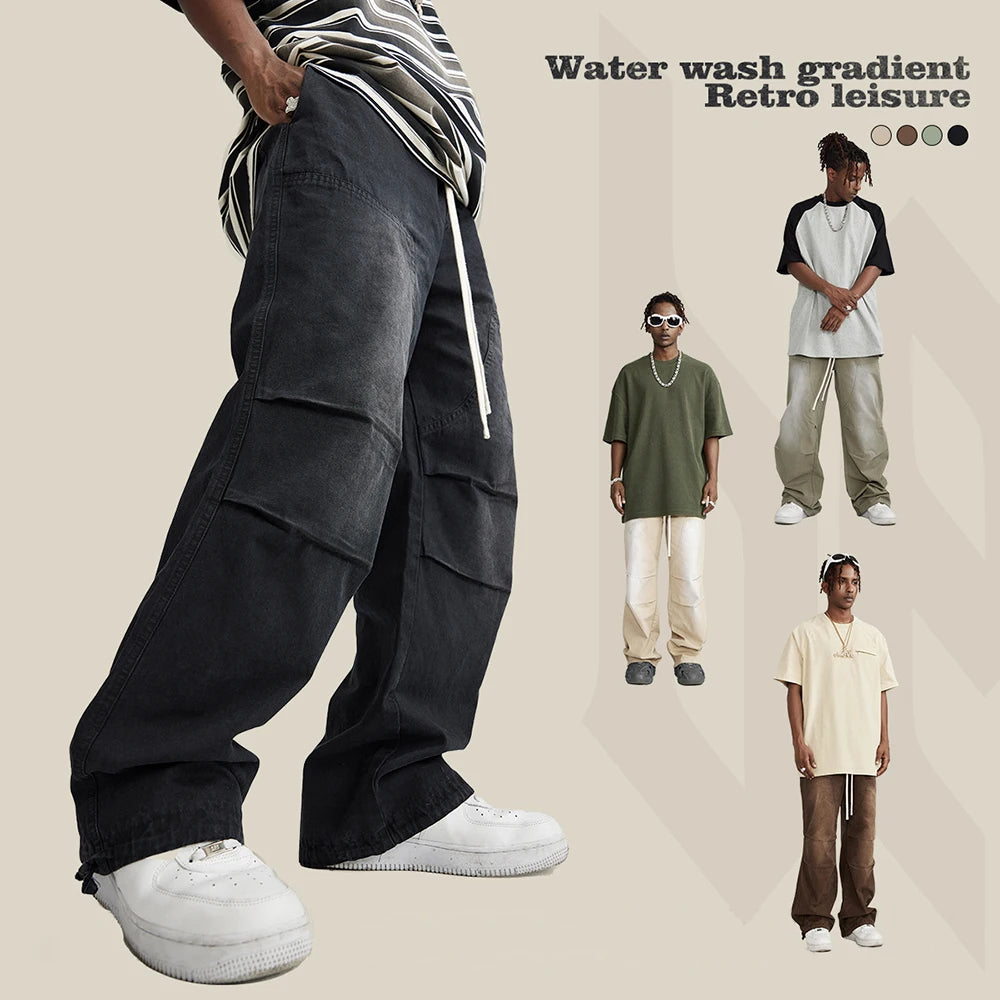 Huilin Winter Monkey Washed Gradient Woven Carpertner Outdoor Pants Oversized Wide Leg Men Sun Faded Thick Cotton Cargo Pants