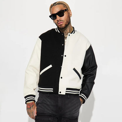 Custom Wholesale Wool Shell Letterman Bomber Jacket White Black Combo Faux Leather Sleeves Colorblock Varsity Men's Jacket