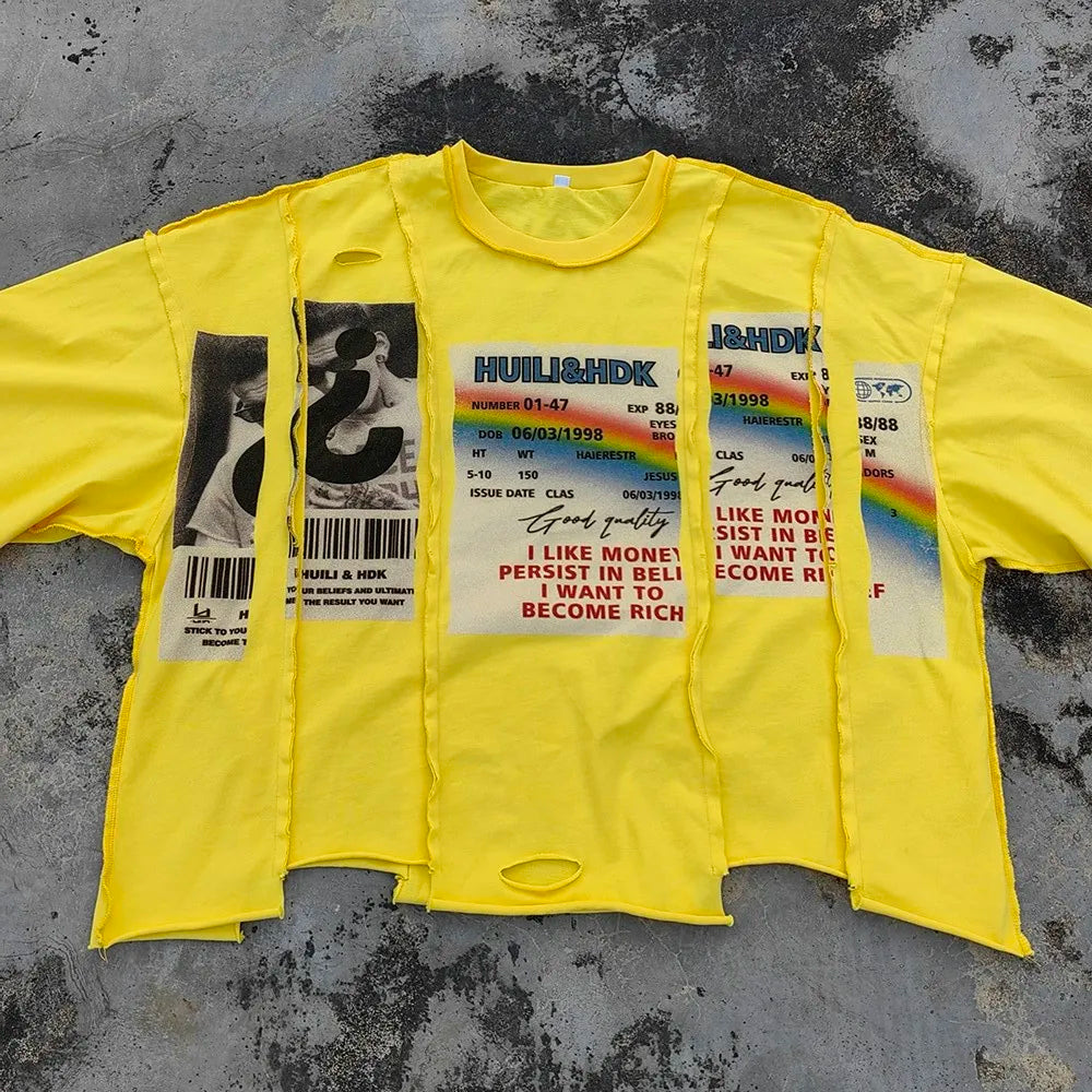 Printing Reversed Stitching Spliced Panel Unisex Streetwear Boxy Tshirts Custom Thick Cotton Men Raw Hem Cropped T Shirts
