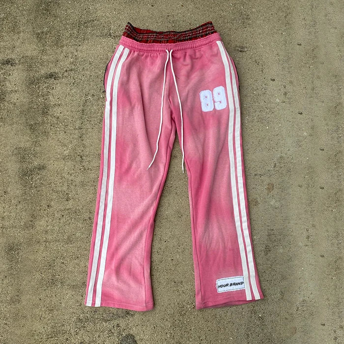 HL Oem Vintage Washed Stripe Sweat Pants Custom 100% Cotton Sun Faded Men Embroidery Logo Patched Double Waist Flare Sweatpants