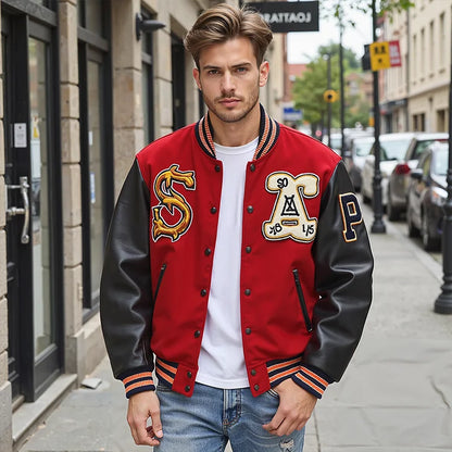 Leather Sleeve Appliques Patchwork Varsity Jacket Chenille Embroidery Badge Custom Letterman Jacket Men