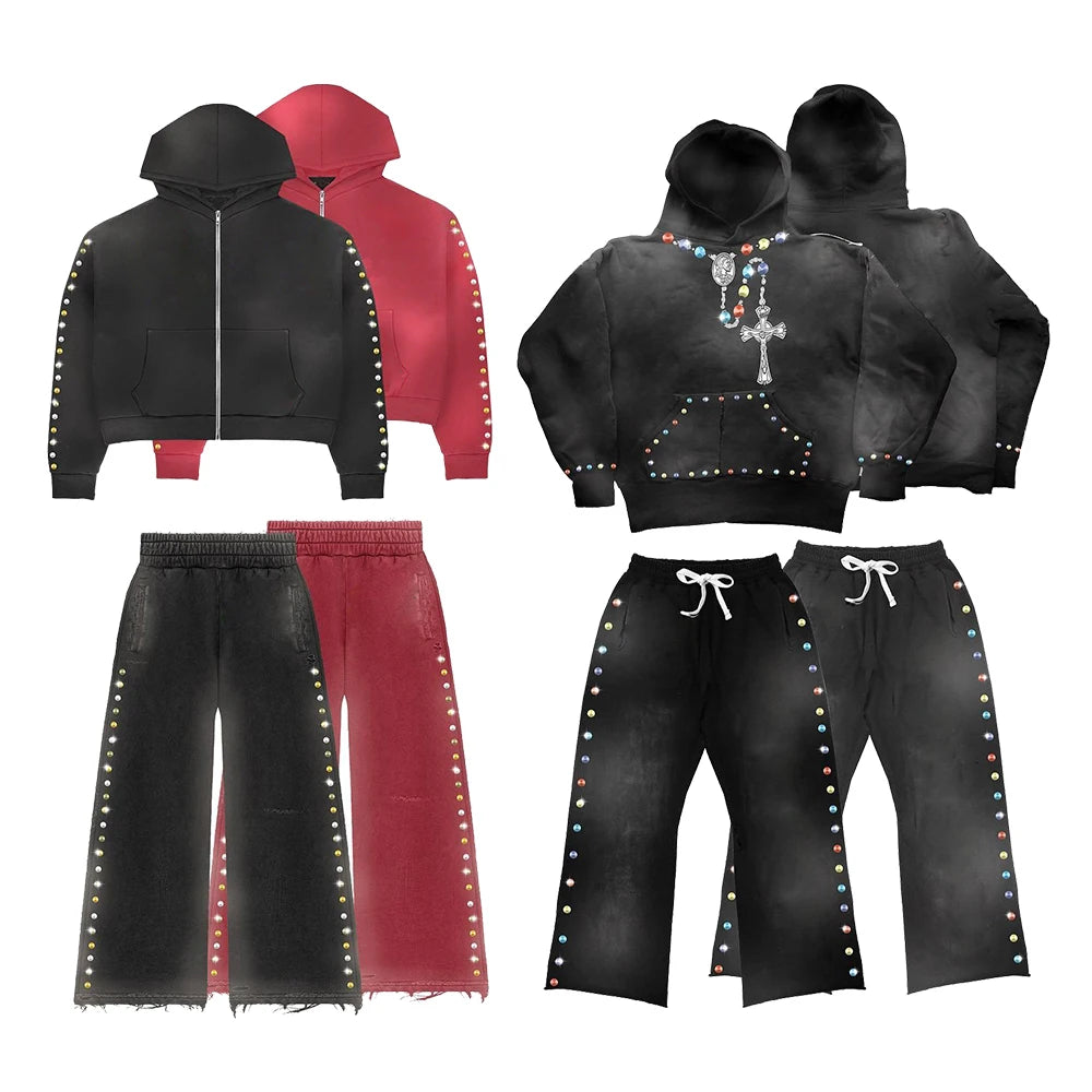 Factory Customized Vintage Washed Sunfaded Mens Tracksuit Sweatsuits Oem Rhinestone Two Piece Sweatpants Hoodie Sets