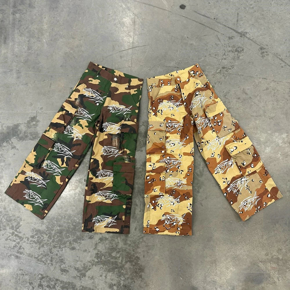 Huilin Factory Oem 100% Cotton Multi Pockets Cargo Pants Men Custom Allover Camo Patten Printed Convertible 2In1Cargo Pants