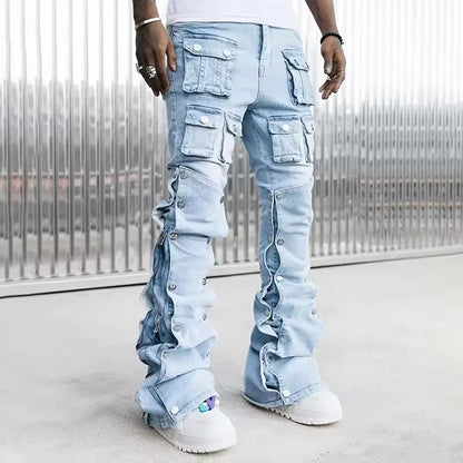 Straight Leg Pockets Cargo Pants Decorate Zipper Rivet Slim Fit Stacked Denim Pants Flare Street Style Premium Jeans