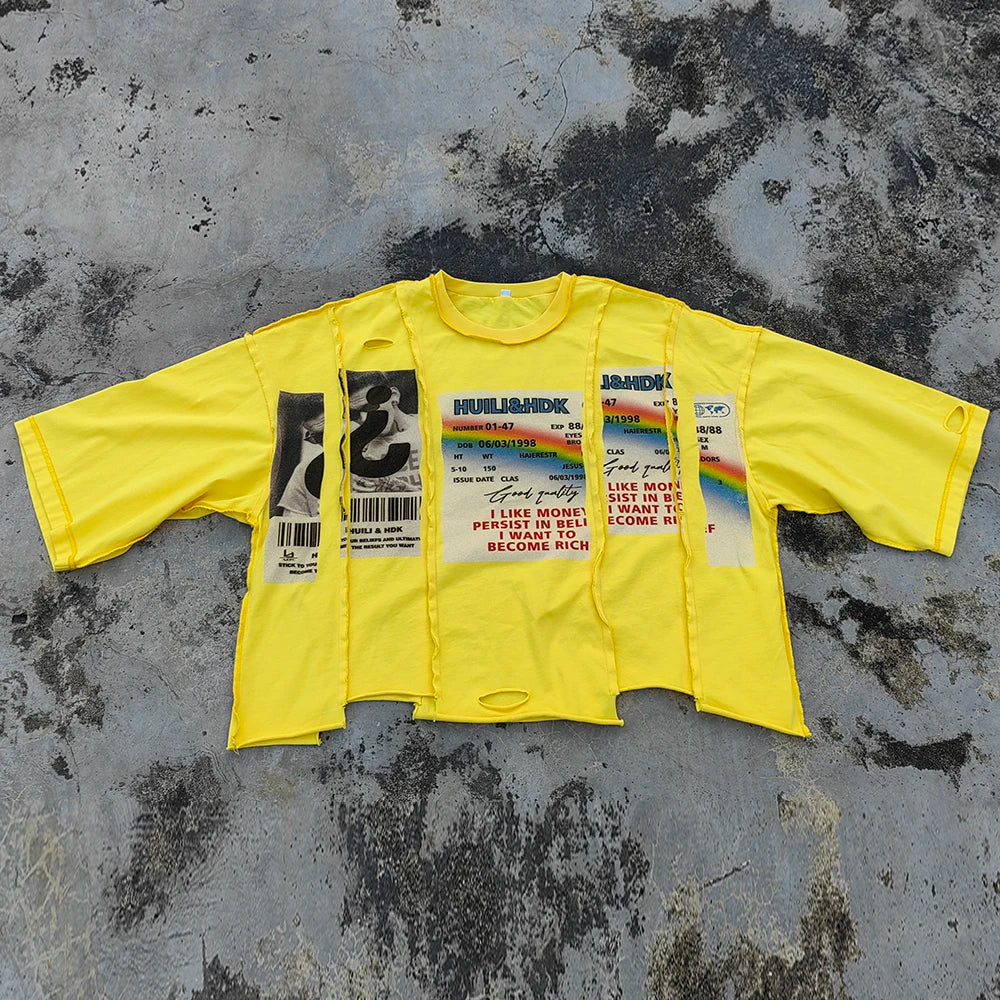 Printing Reversed Stitching Spliced Panel Unisex Streetwear Boxy Tshirts Custom Thick Cotton Men Raw Hem Cropped T Shirts