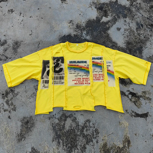 Printing Reversed Stitching Spliced Panel Unisex Streetwear Boxy Tshirts Custom Thick Cotton Men Raw Hem Cropped T Shirts