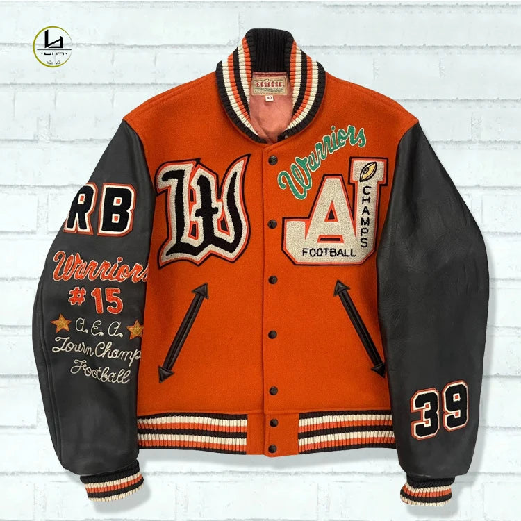 Warm Winter Baseball Bomber Leather Sleeves Chenille Embroidered Logo Custom Men's Viscose Shell Letterman Varsity Jackets