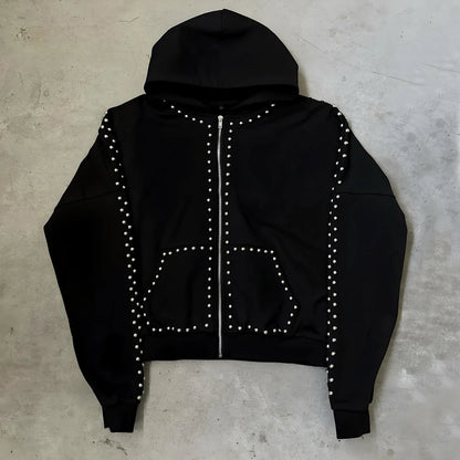 Manufacturer Oem Custom Embroidery Logo Zip Up Hoodies Men Heavyweight Cotton French Terry Rivet Rhinestone Hoodie