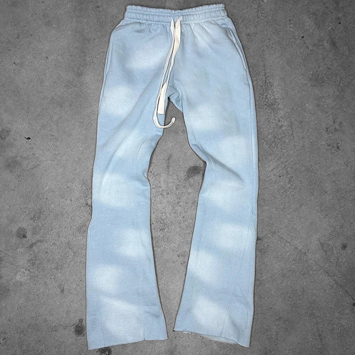 Huilin Custom Vintage Washed Heavyweight Cotton Sunfaded Sweat Jogger Pants Men Cut Edge Raw Hem Flared Sweatpants