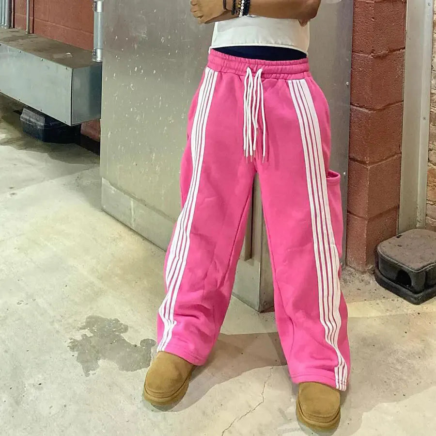 Factory Hot Selling Heavyweight Cotton Drawstring Waist Wide Leg Sweatpants Men Baggy Oversized Striped Side Sweat Pants