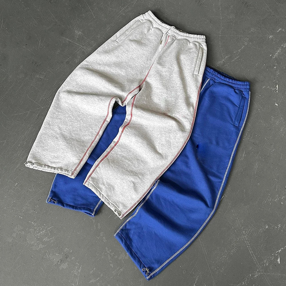 Huilin Oem Unisex Oversized Blank Cotton Jogger Pants Men Custom Contrast Stitching Men Straight Wide Leg Heavyweight Sweatpants