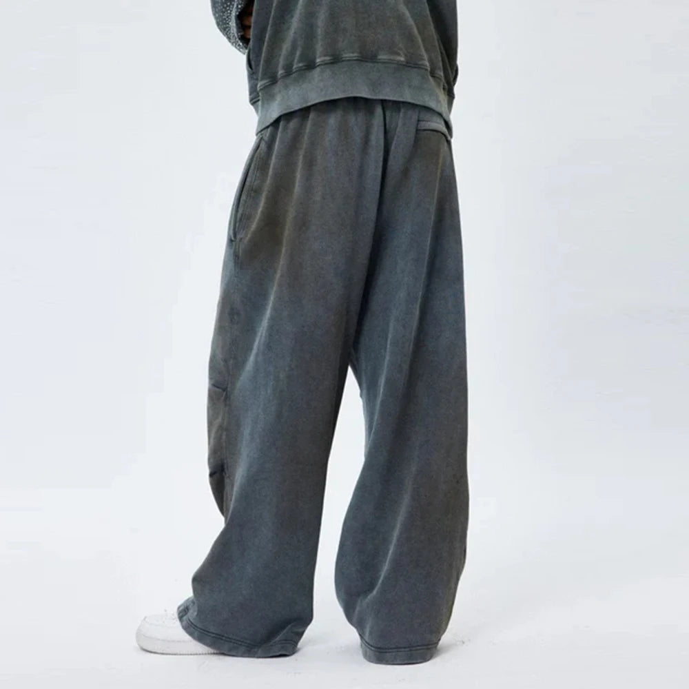 Huilin Hot Selling Heavyweight Cotton French Terry Sweatpants Men Custom Acid Vintage Washed Baggy Wide Leg Sweatpants