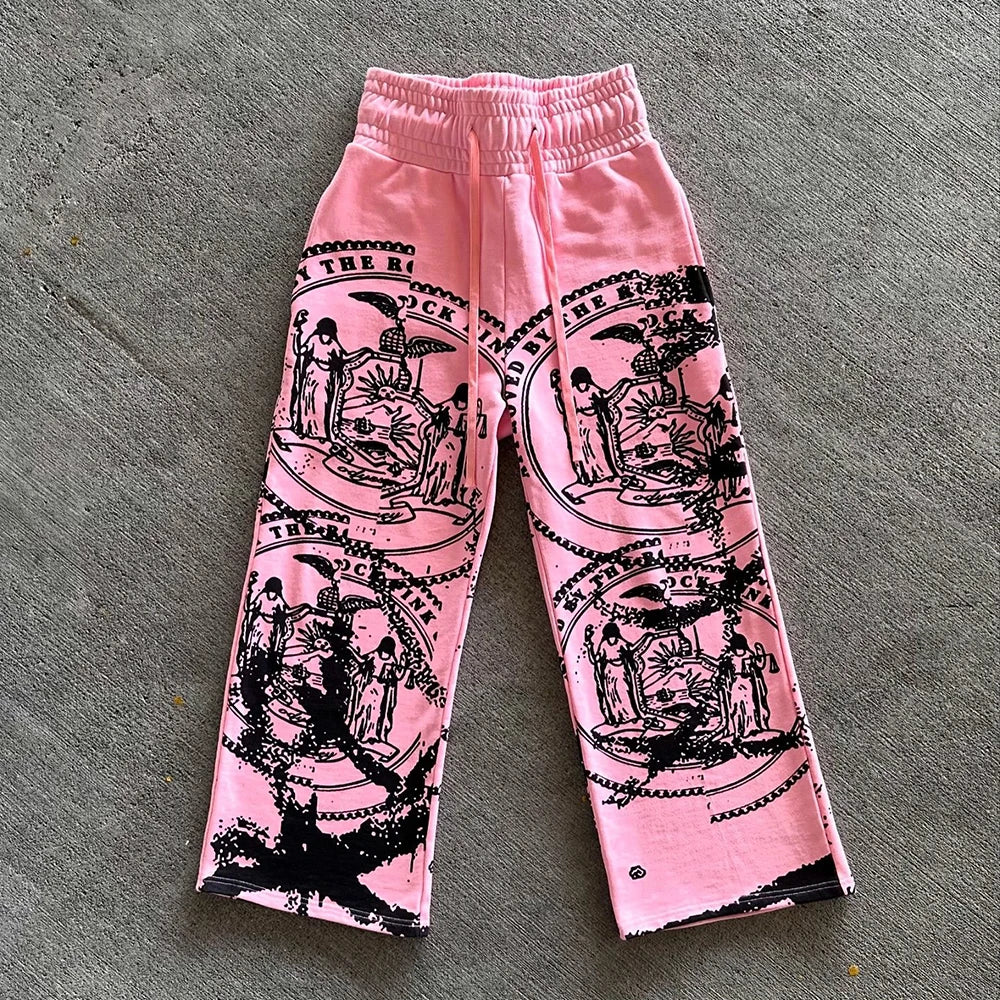 Huilin High Quality Streetwear Graphic Track Sweat Pants Custom Screen Printing Men Wide Leg Heavyweight Cotton Baggy Sweatpants