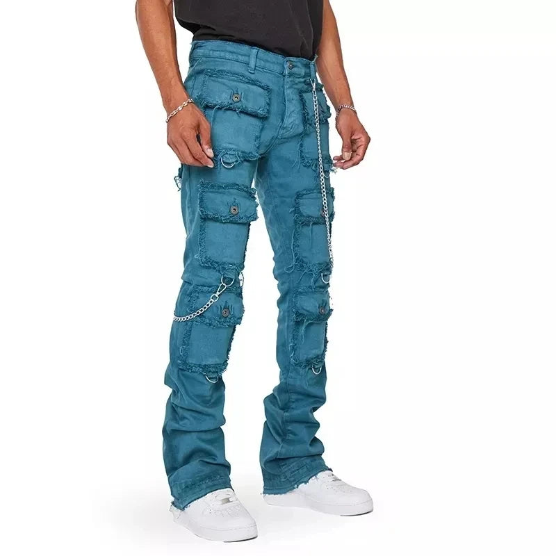 High street vintage washed men's jeans skinny OEM custom multi Patch pocket denim pants cargo stacked jeans