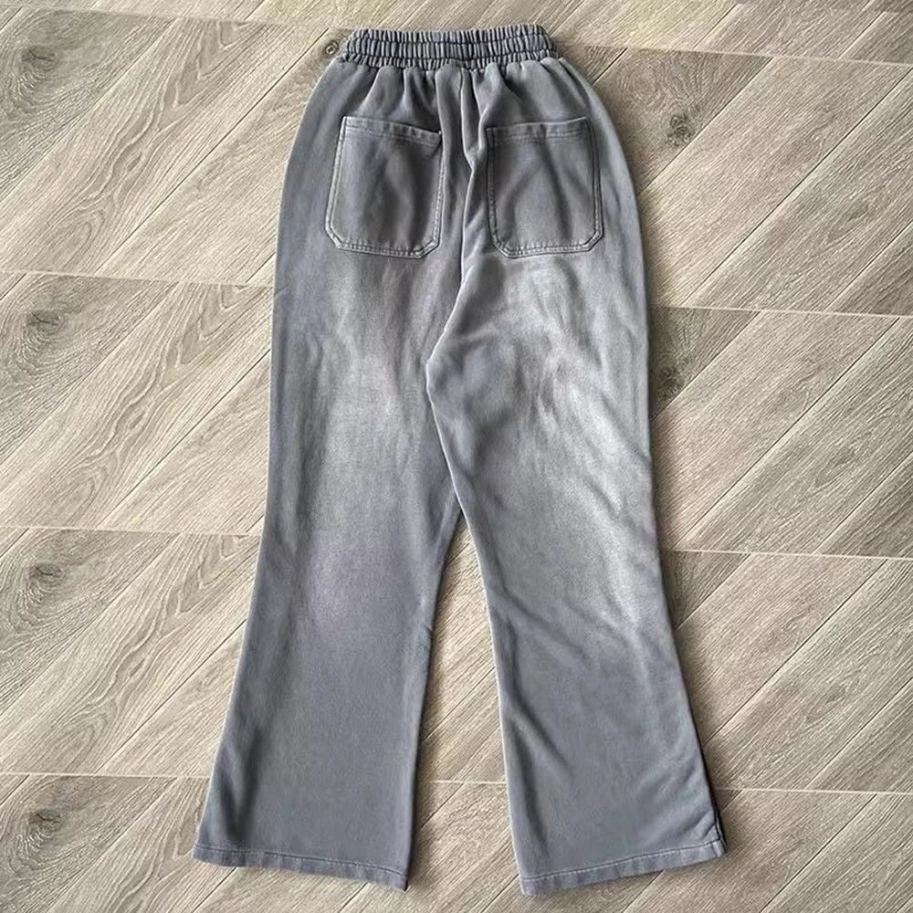 Huilin Oem Side Snap Button Design Thick Cotton Jogger Pants Men Custom Vintage Washed Wide Leg Flared Sunfaded Sweatpants