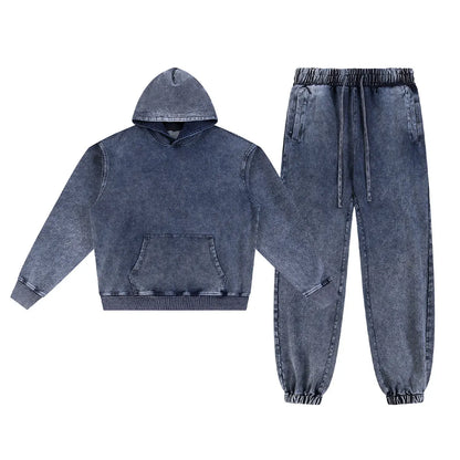 Heavyweight Cotton Supplier Low MOQ Vintage Acid Wash Blank Custom Logo Casual Hoodie And Jogger Set