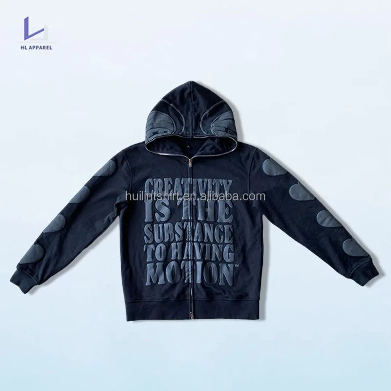 HL manufacturer wholesale full face zip 3D foam print unisex organic cotton full zip up jacket custom mens puff print hoodie