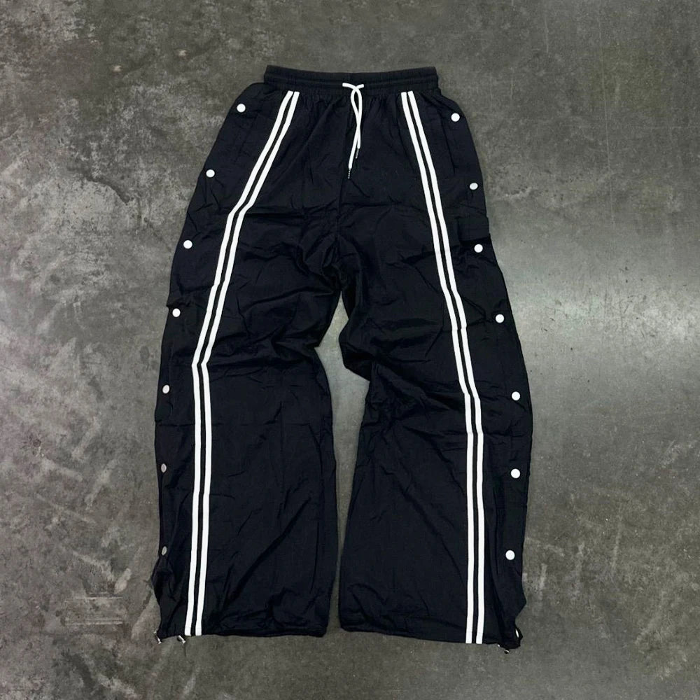 Huilin Manufacturer Oem Elastic Waist Unisex Nylon Pants Custom Striped Men Snap Button Side Wide Leg Track Pants