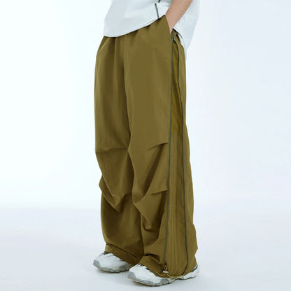 Side Zip Design Oversized Fit Unisex Nylon Track Pants Elastic Waist Men Baggy Wide Leg Parachute Pants