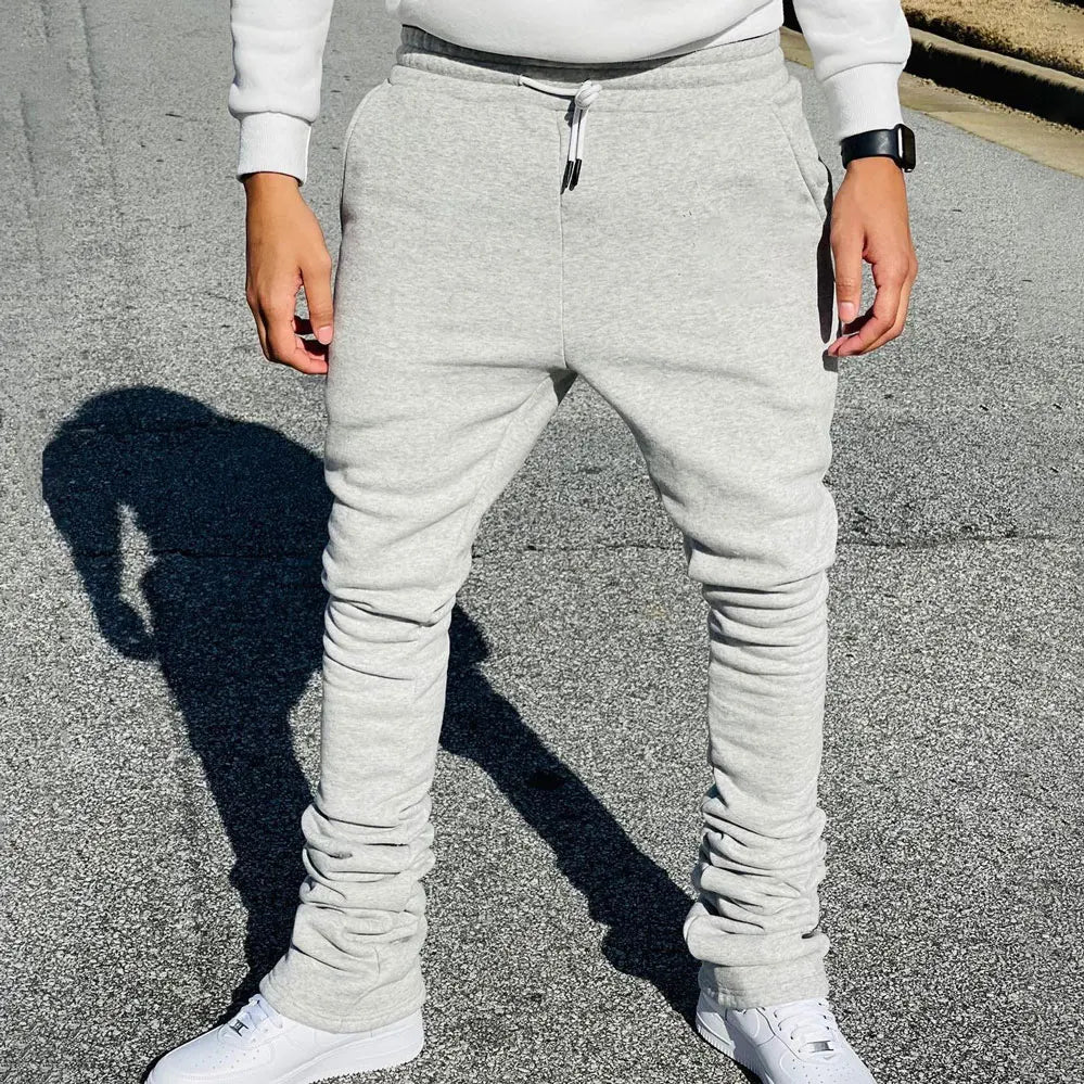 Huilin Hot Selling Solid Color Blank 100% Cotton Sweatpants Men Custom Slim Fit Drawstring Extended Jogger Stacked Sweatpants