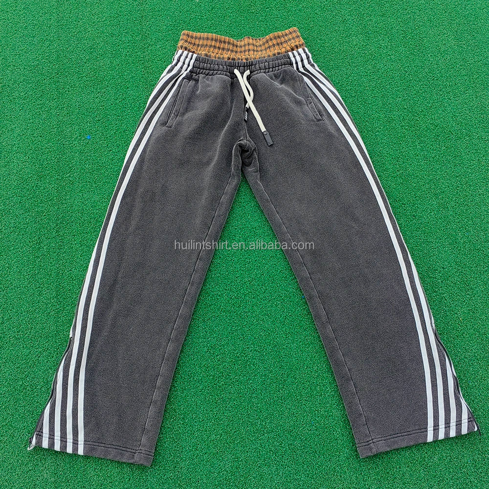 Huilin New Design Striped Side Split Bottom Track Sweat Pants Custom 100% Cotton Men Straight Wide Leg Double Waist Sweatpants