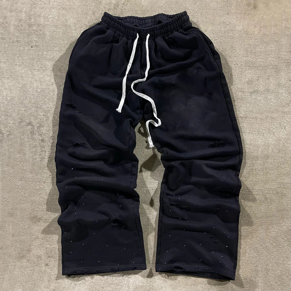 Huilin New Arrival Distressed Vintage Washed Track Jogger Pants Custom Rhinestone Men Heavyweight Cotton Wide Leg Sweatpants