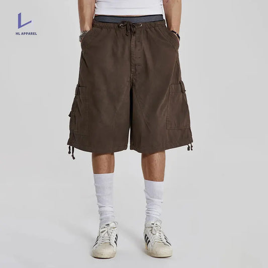 Huilin Clothing Factory 100% Cotton Shorts Pants Men Oversized Wide Leg Shorts Custom Big Pocket Streetwear Baggy Cargo Shorts