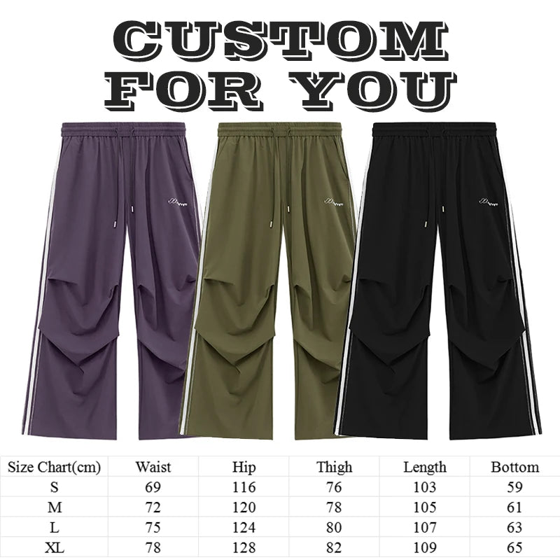 Huilin Custom Double Knee Wide Leg Cargo Track Pants Men Contrast Stitching Oversized Fit Baggy Parachute Pants