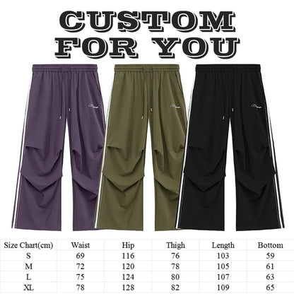 Double Knee Wide Leg Cargo Track Pants Men Contrast Stitching Oversized Fit Baggy Parachute Pants