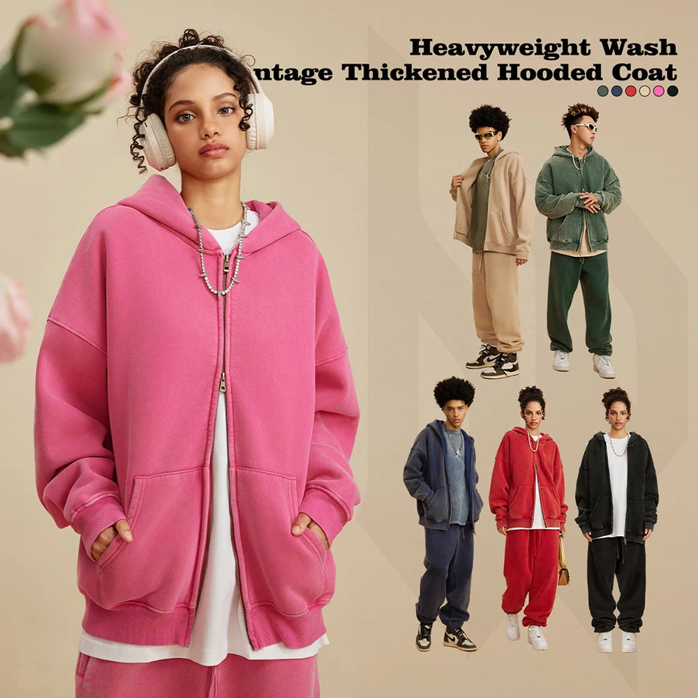 Huili Low Moq High Street Unisex Oversized Heavyweight Cotton Hoodie Jacket Men Custom Vintage Washd Two Way Zip Up Hoodie