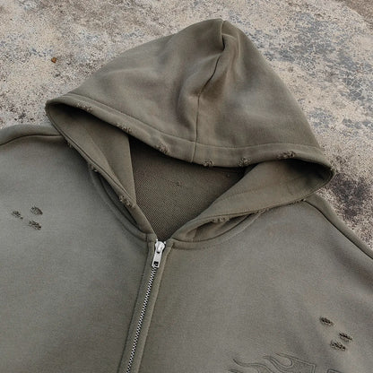 Custom Embroidery logo Zip up Hoodies Men Distressed Vintage Washed 400 Gsm Heavyweight Sunfaded Boxy Hoodie